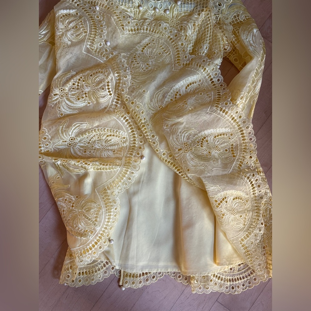 Vintage Bright Yellow Lace Long-Sleeve Fit-and-Flare Dress - Picture 13 of 16